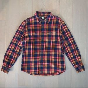 Roots Red Orange & Blue Plaid Button Down Flannel Shirt